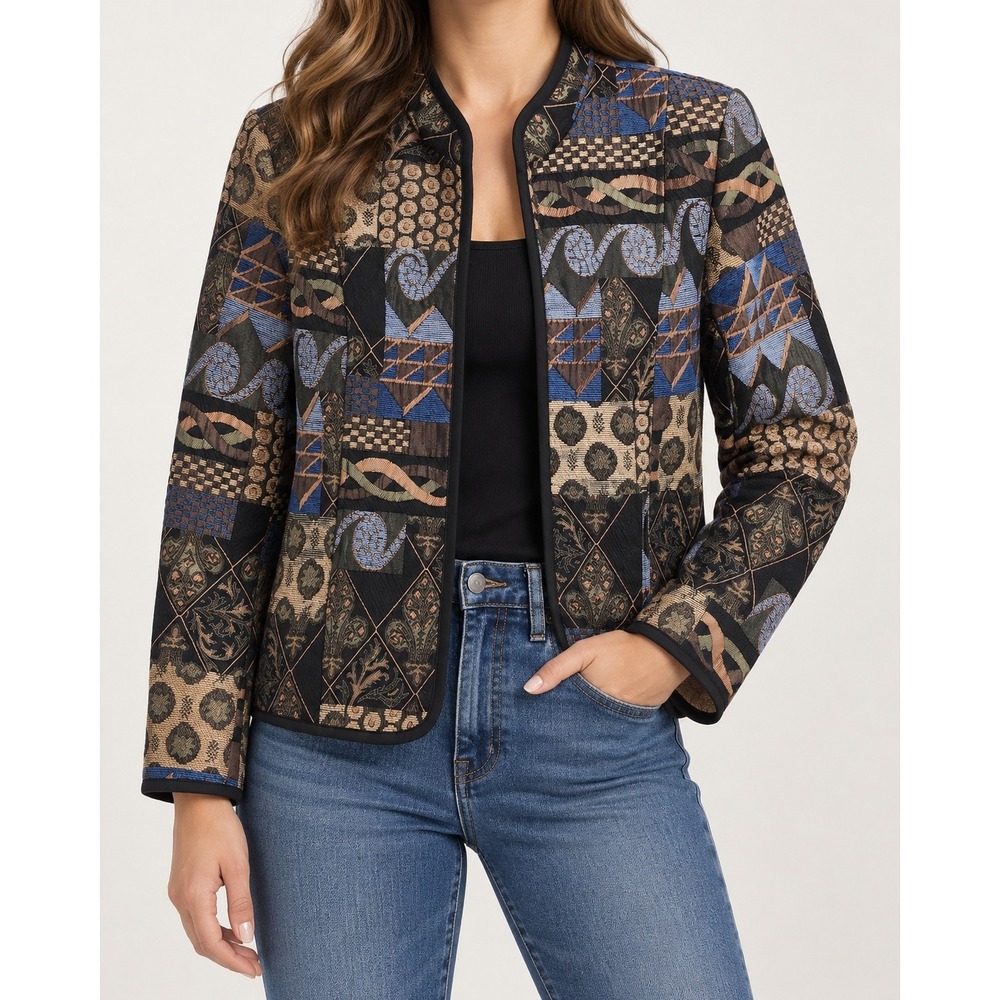 Renaissance Tapestry Patchwork Open Front Jacket Blazer Blue Brown Sz M